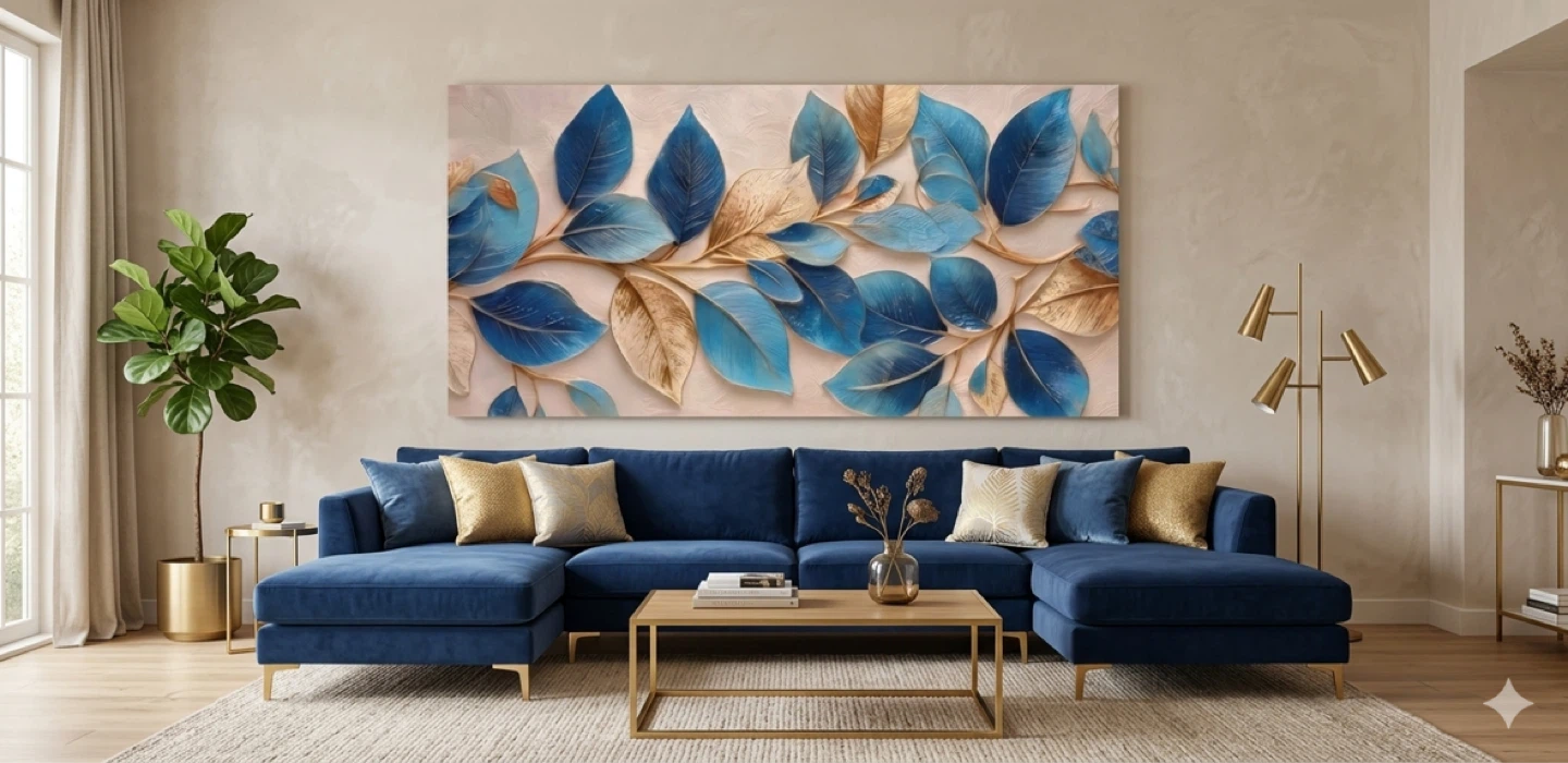 Large Canvas Wall Art - Blue and Gold Leaves