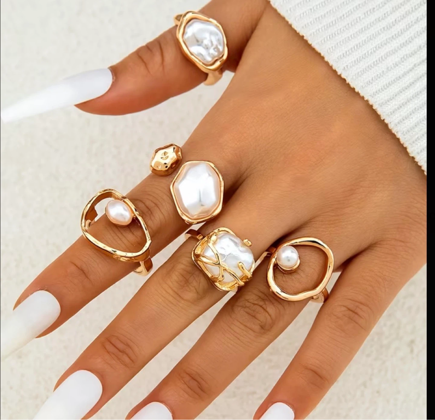 Gold & Pearl Statement Ring Set – 5 Pcs