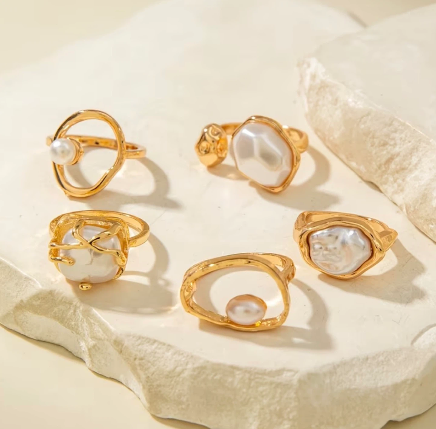 Gold & Pearl Statement Ring Set – 5 Pcs - photo 2