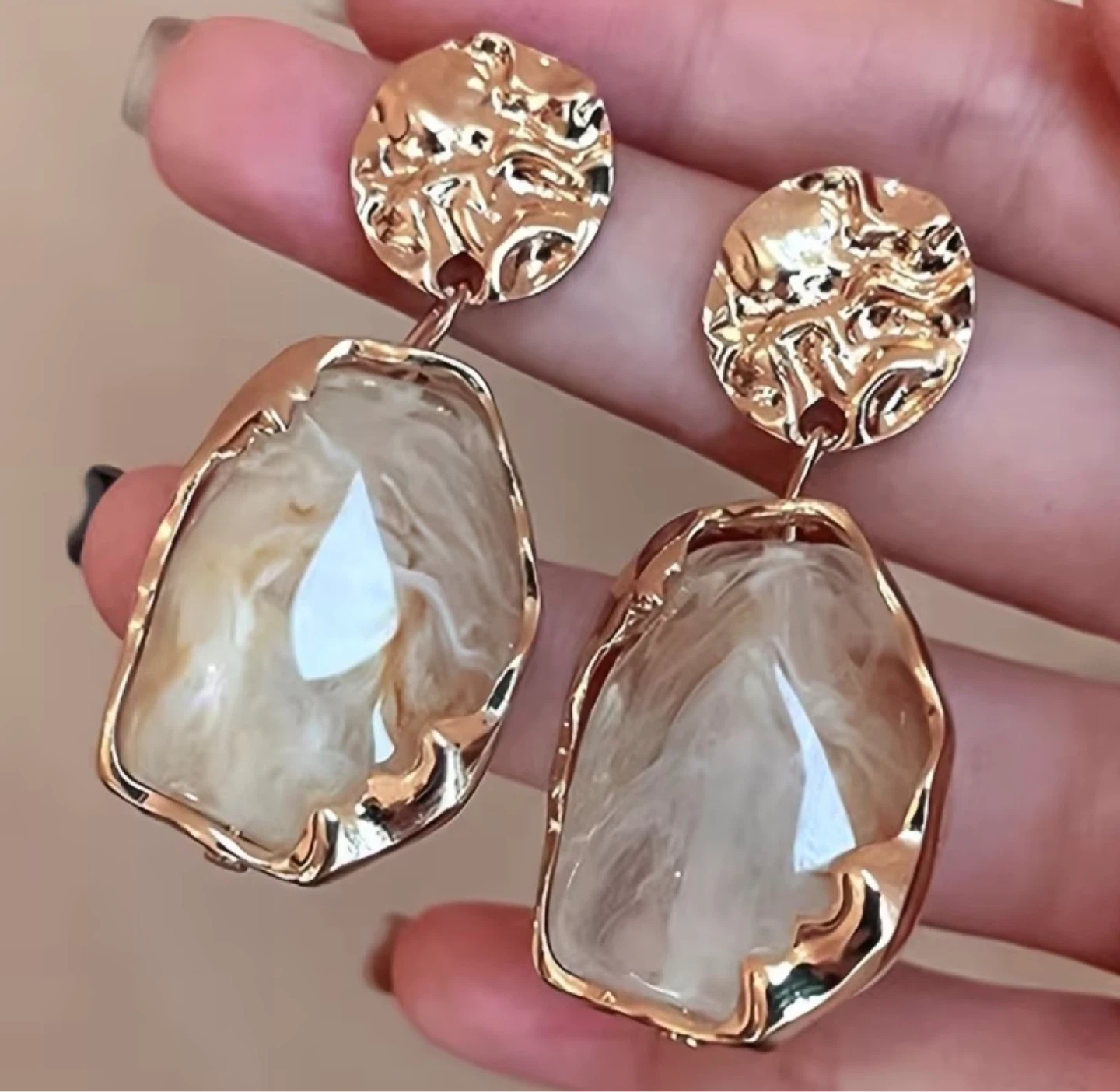 Gold & Cream Resin Drop Earrings