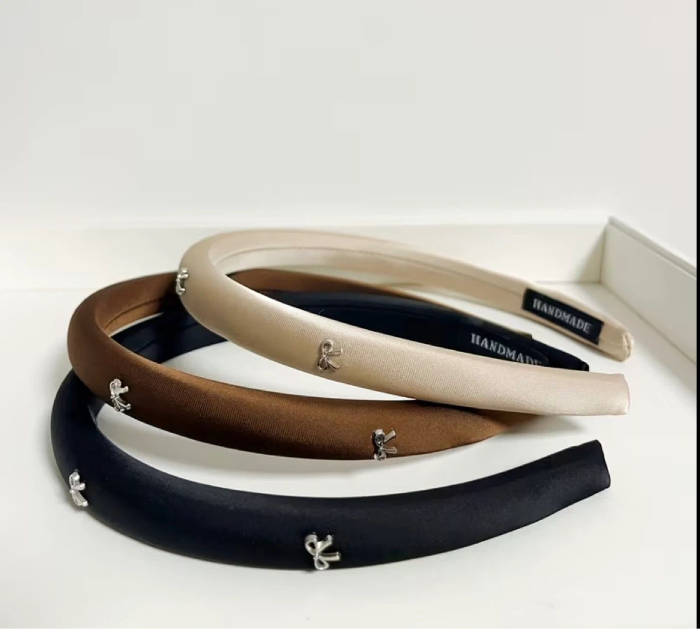 Satin Headband with Silver Bow Charms – Set of 3