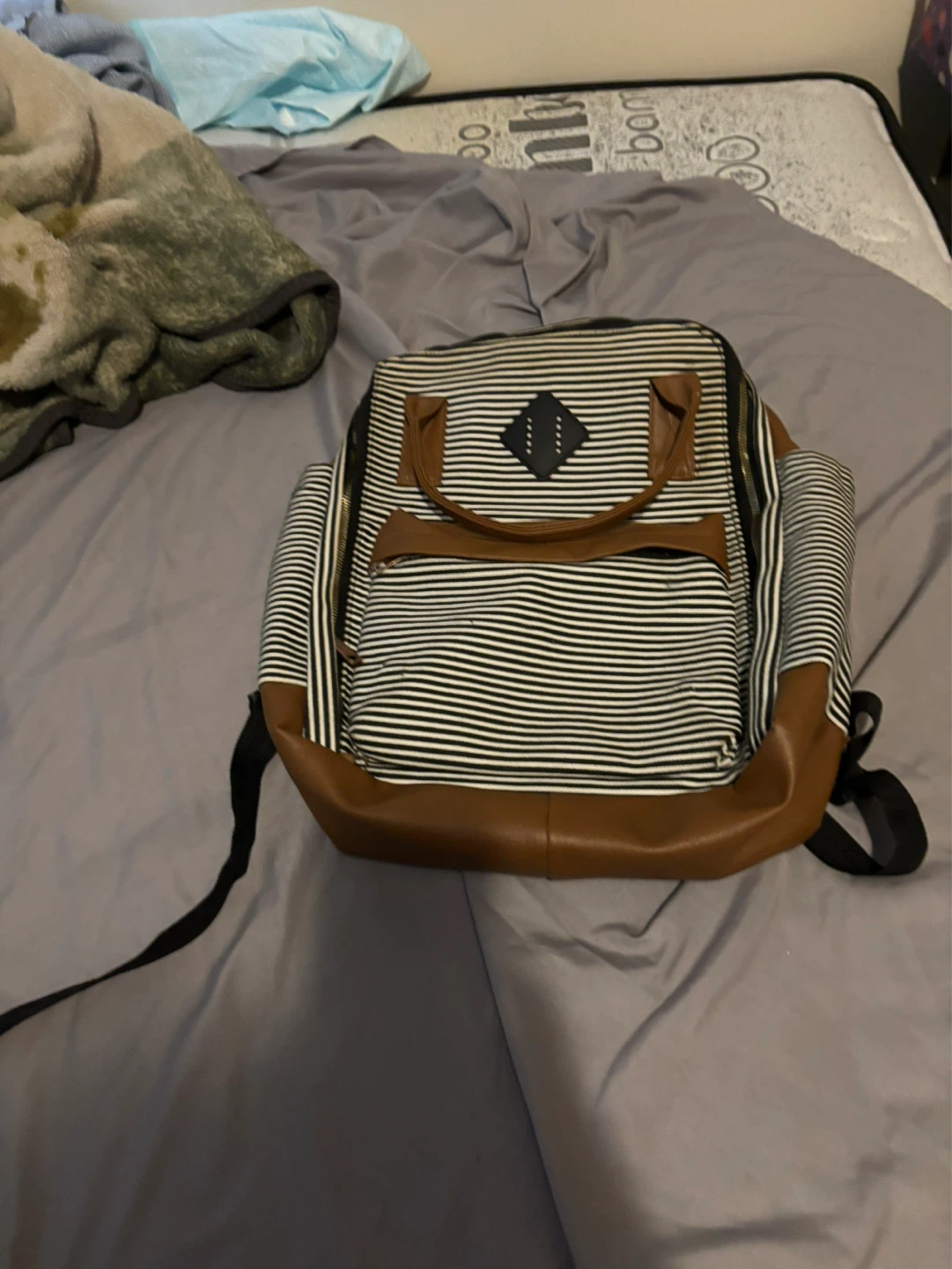 Striped Backpack with Faux Leather Trim