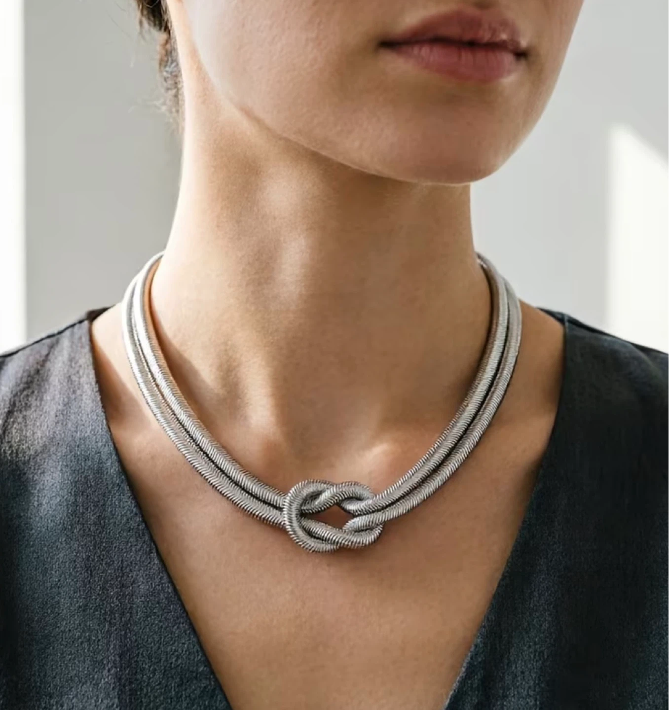 Double Snake Chain Knot Necklace – Silver colour