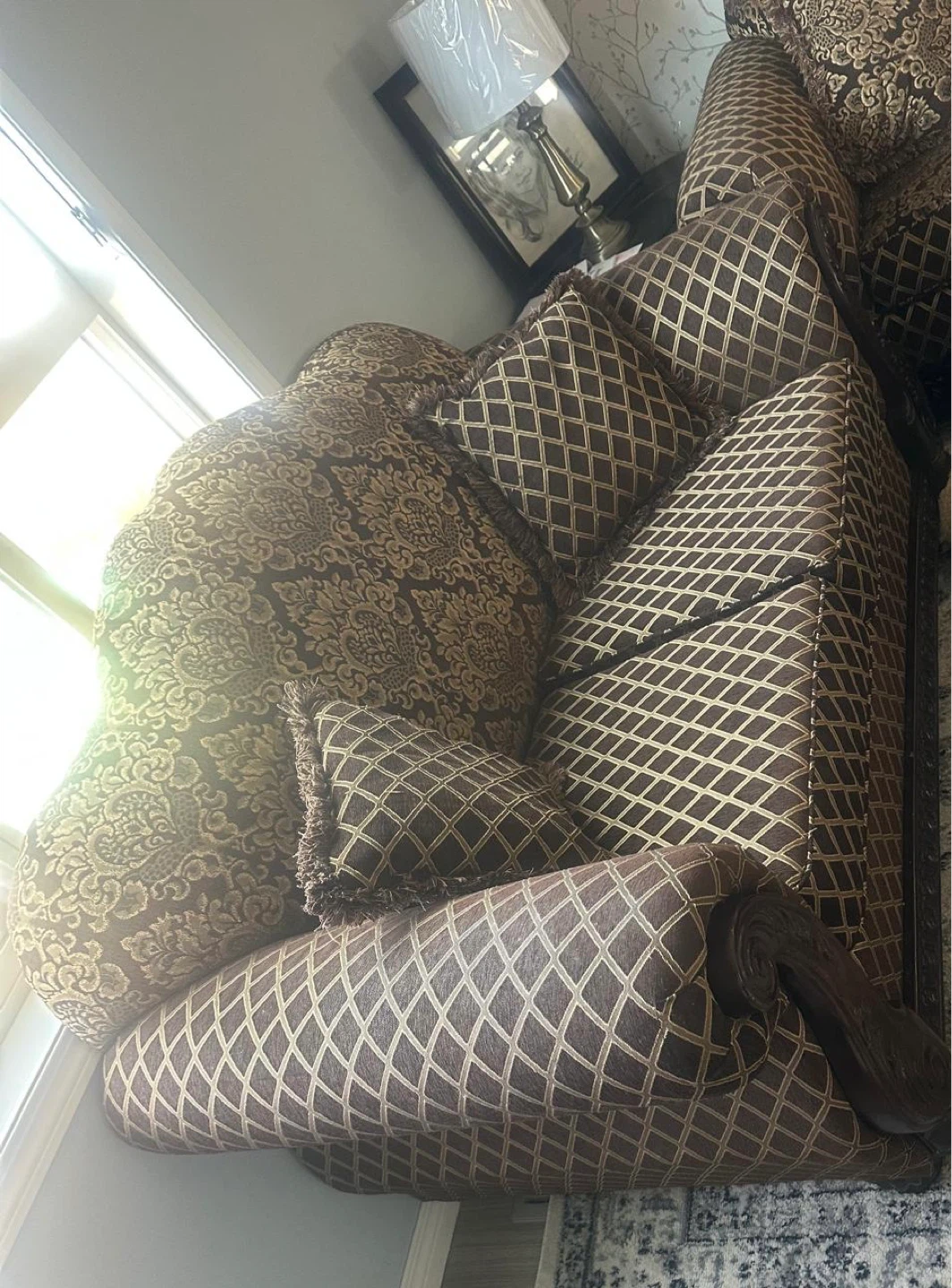 Brown Damask Pattern Sofa with Throw Pillows - photo 3