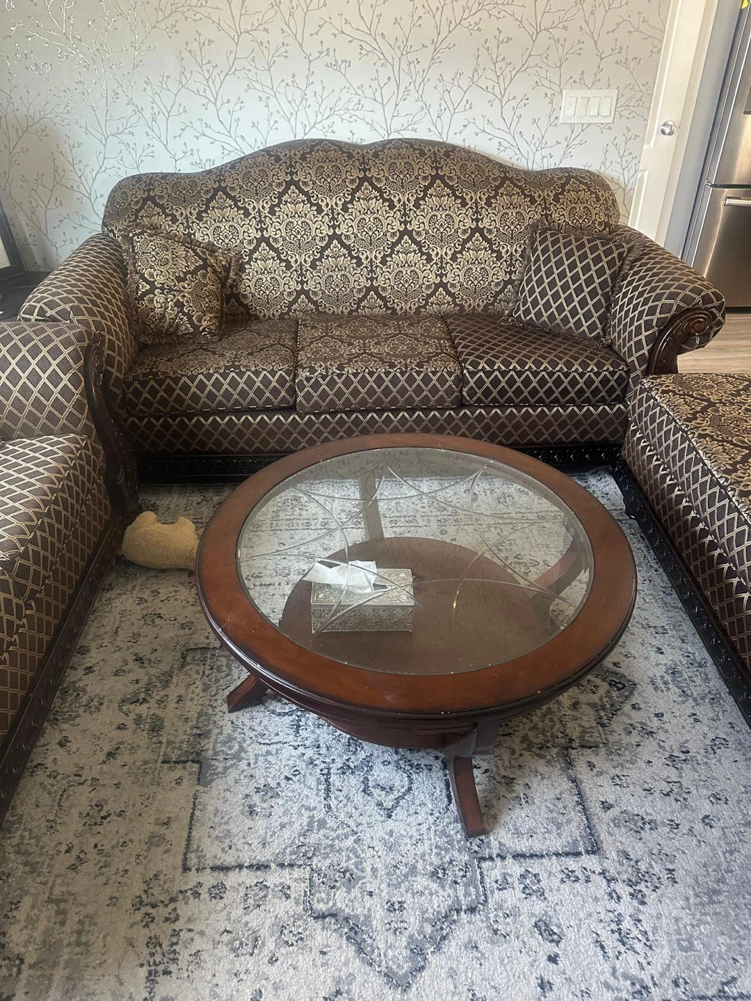 Brown Damask Pattern Sofa with Throw Pillows - photo 2