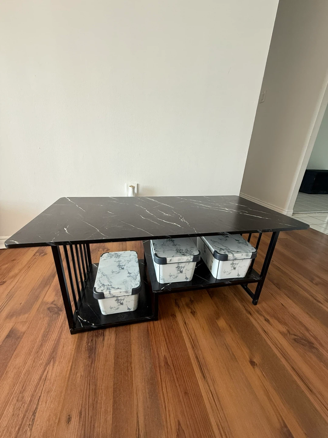 Black Marble-Look Coffee Table + 3 Matching Storage Boxes