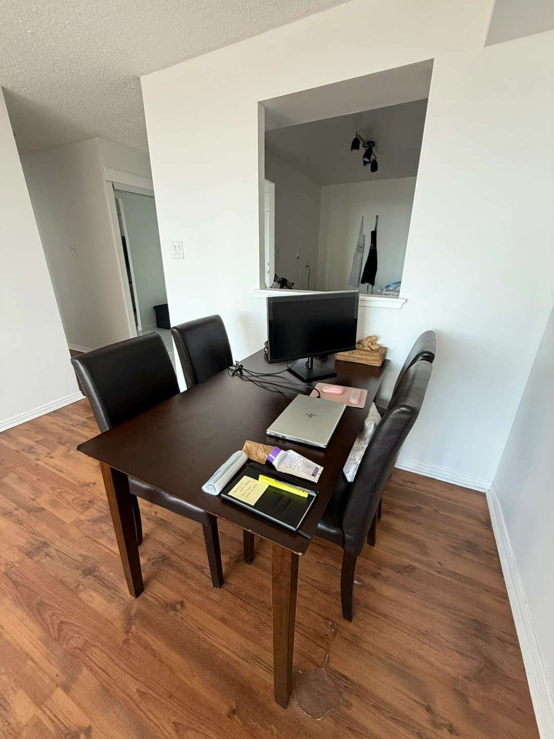 Dark Walnut Dining Table + 4 Leather Chairs