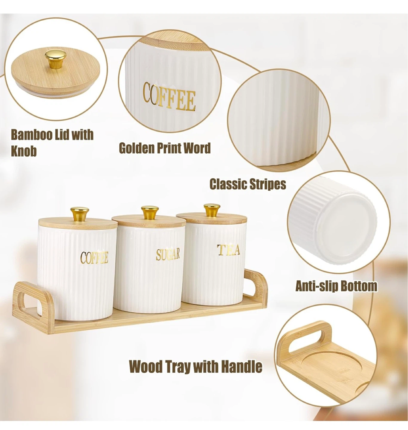 3pc Ceramic Canister Set with Bamboo Lids - Coffee, Sugar, Tea - photo 4