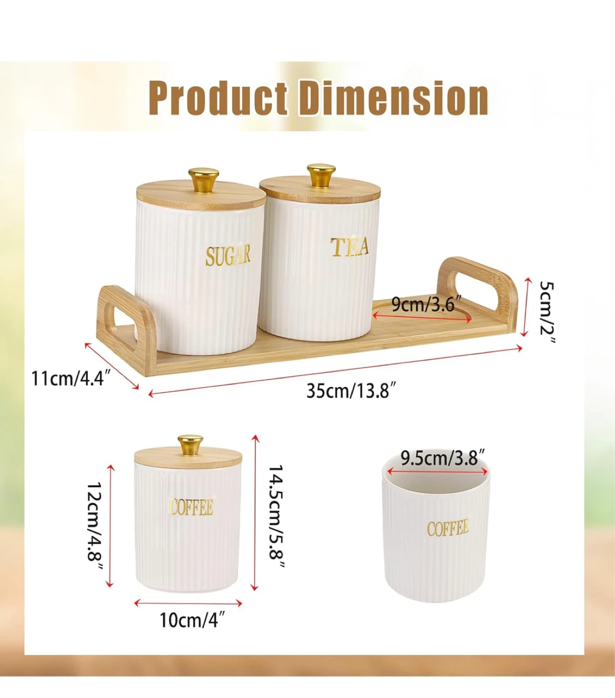 3pc Ceramic Canister Set with Bamboo Lids - Coffee, Sugar, Tea - photo 3