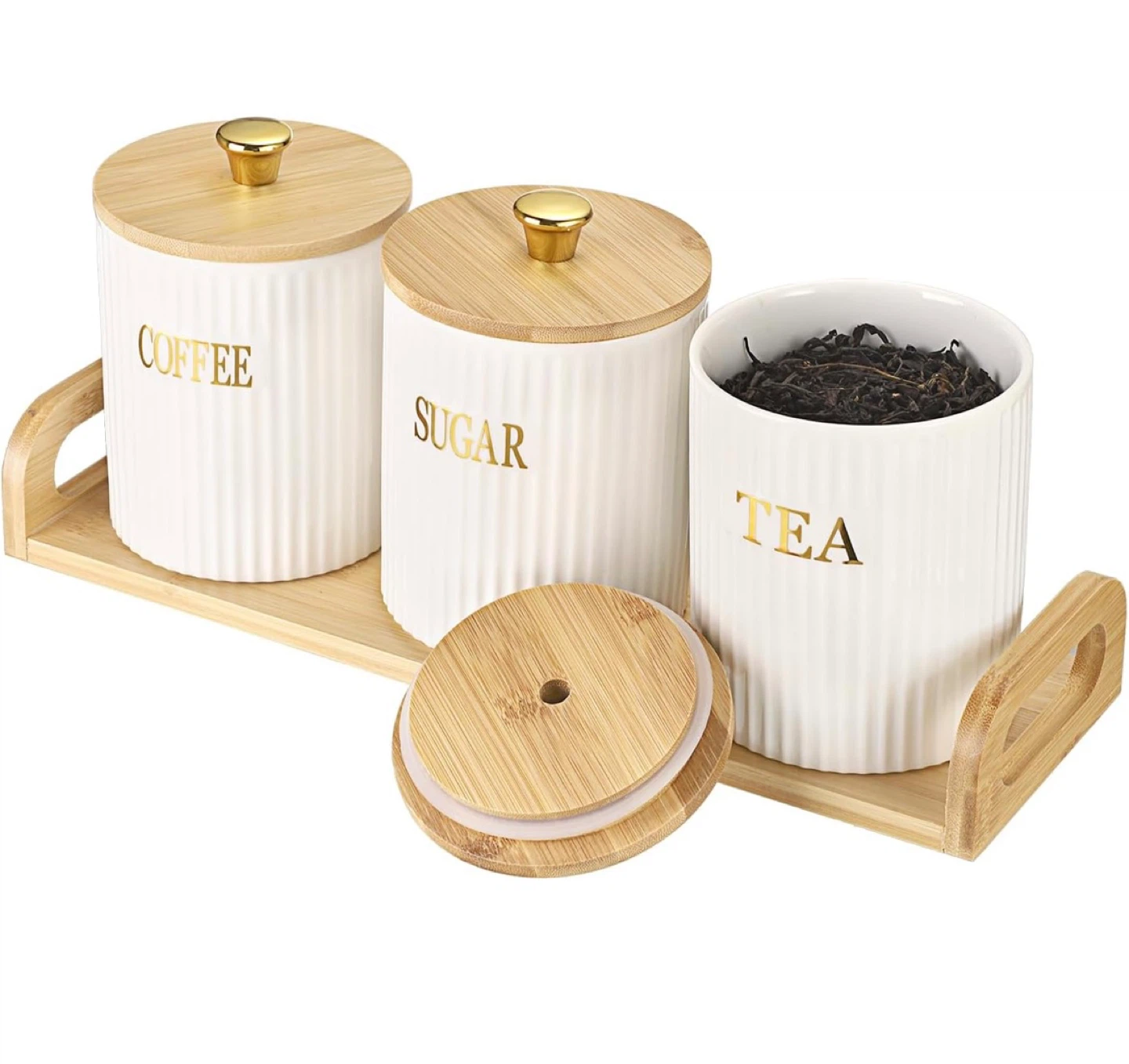 3pc Ceramic Canister Set with Bamboo Lids - Coffee, Sugar, Tea