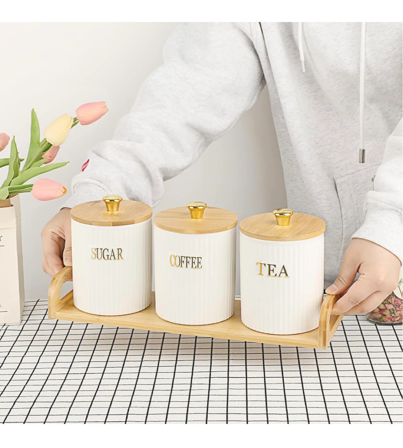 3pc Ceramic Canister Set with Bamboo Lids - Coffee, Sugar, Tea - photo 2