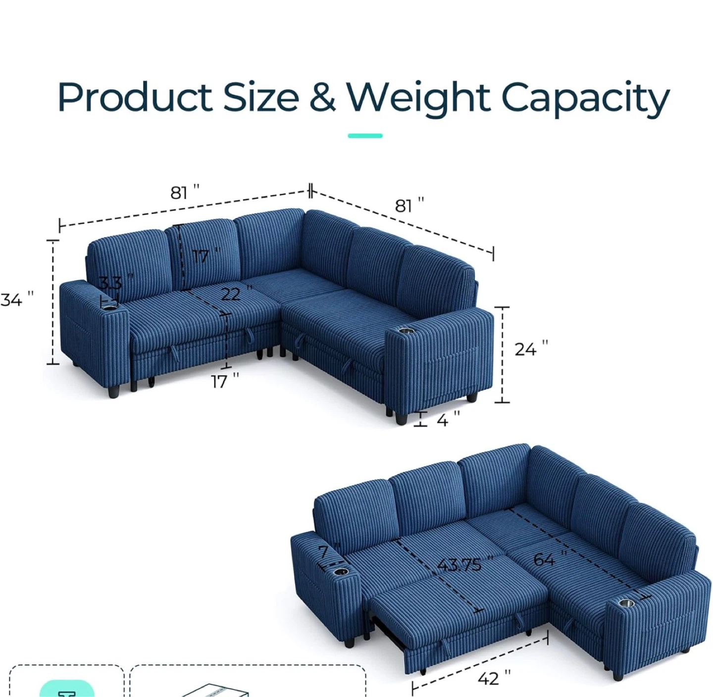 Blue Corduroy Sectional Sofa with Storage and Reclining Chaise - photo 2