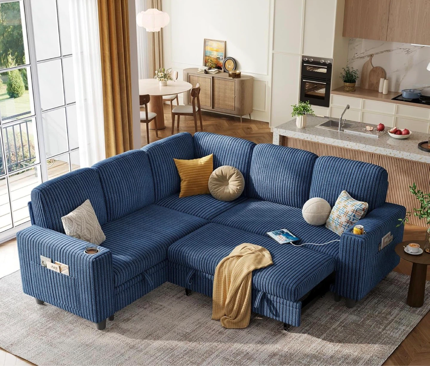 Blue Corduroy Sectional Sofa with Storage and Reclining Chaise