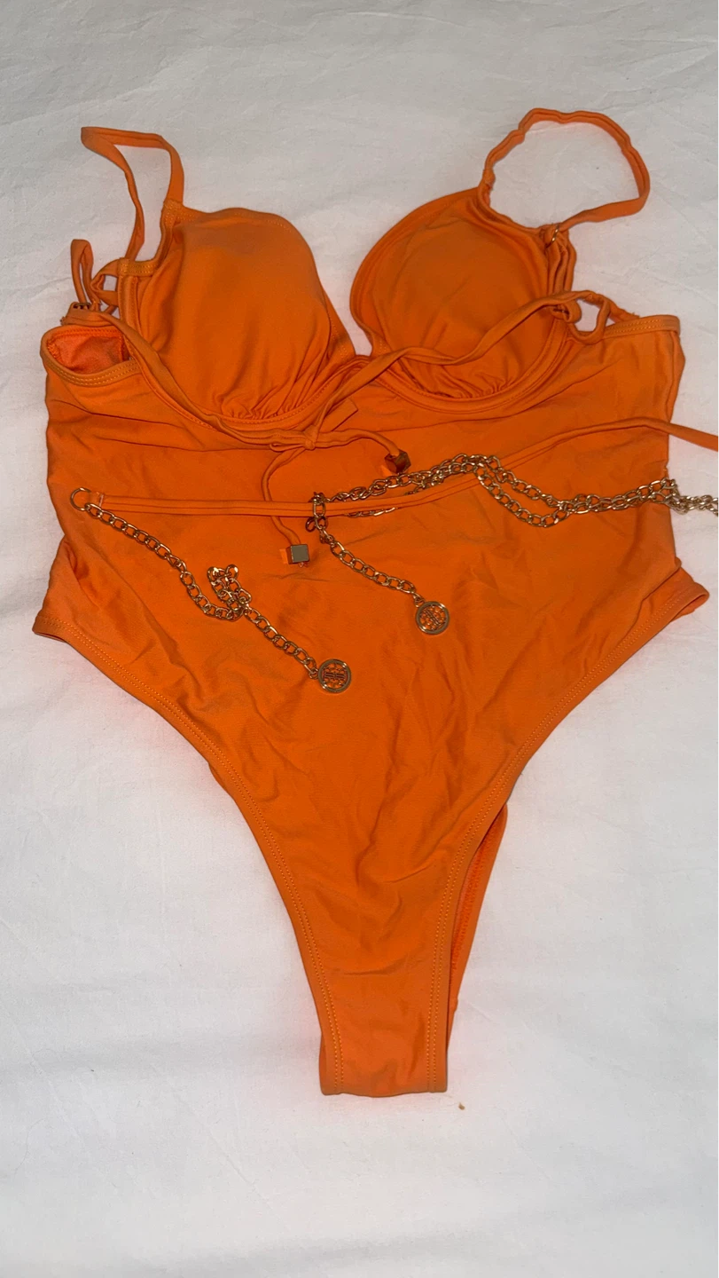 River Island Orange Swimsuit with Gold Chain Detail - Size 12 - photo 2