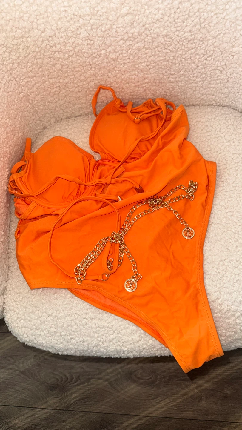 River Island Orange Swimsuit with Gold Chain Detail - Size 12