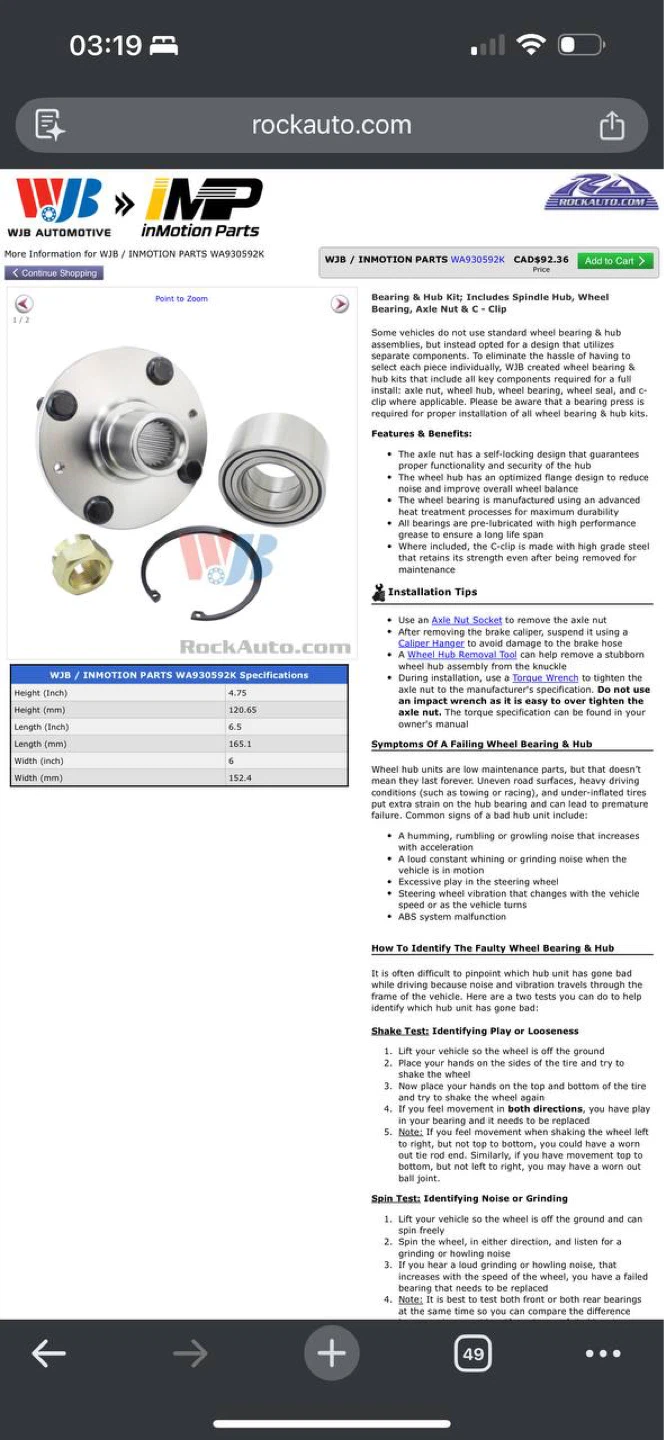 WJB / InMotion Parts WA930592K Wheel Bearing & Hub Kit 🔥
