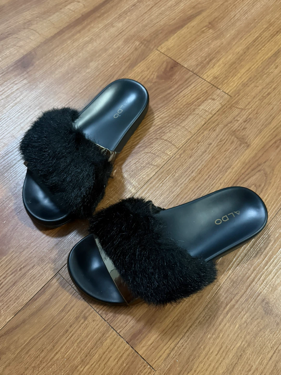 Black Faux Fur Slides