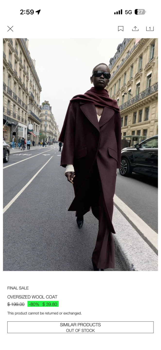 ZARA Oversized Wool Coat - Burgundy - photo 2