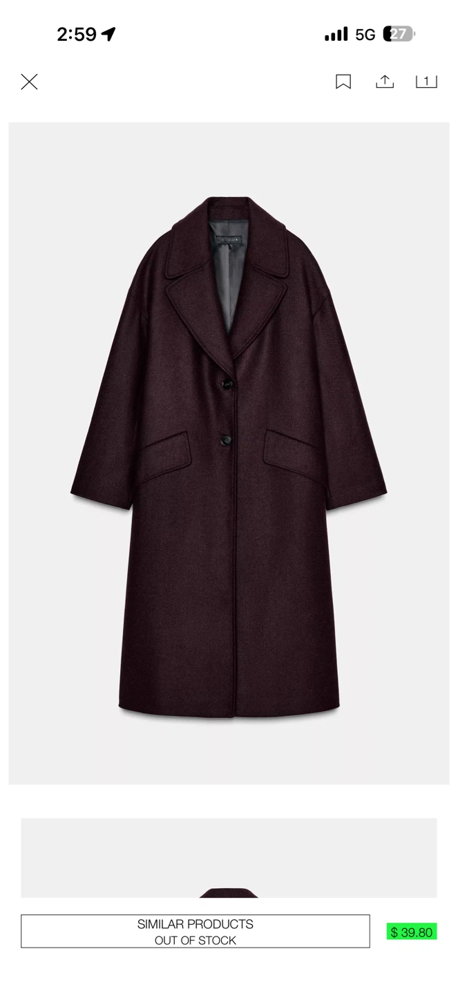 ZARA Oversized Wool Coat - Burgundy