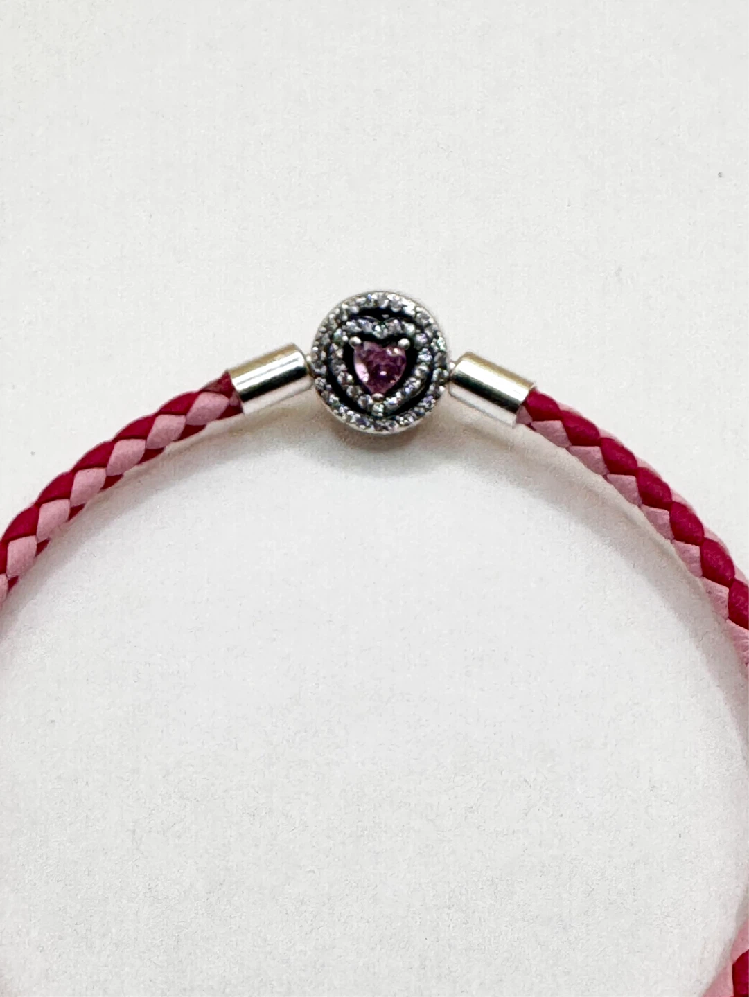 Pink Braided Leather Bracelet with Heart Clasp S925 - photo 2