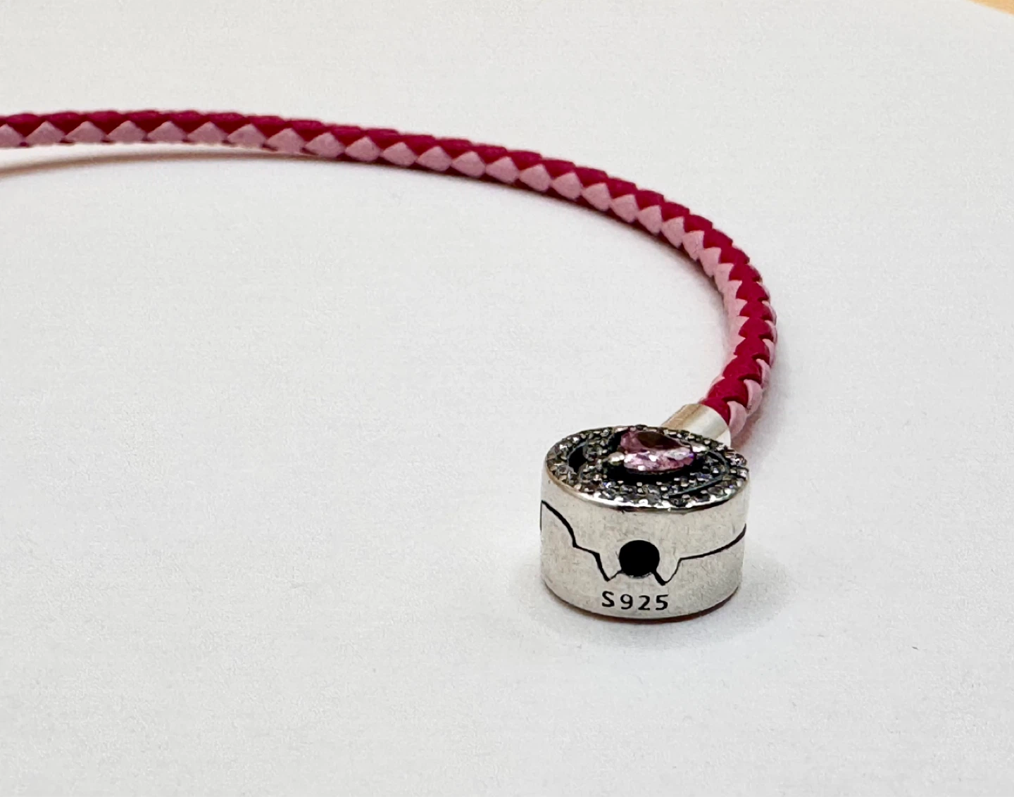Pink Braided Leather Bracelet with Heart Clasp S925 - photo 4