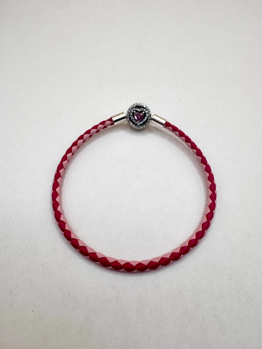 Pink Braided Leather Bracelet with Heart Clasp S925