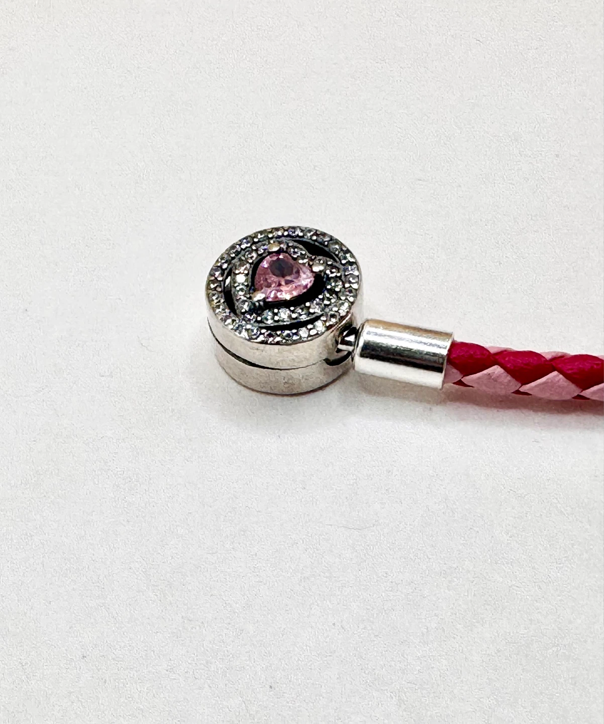 Pink Braided Leather Bracelet with Heart Clasp S925 - photo 5