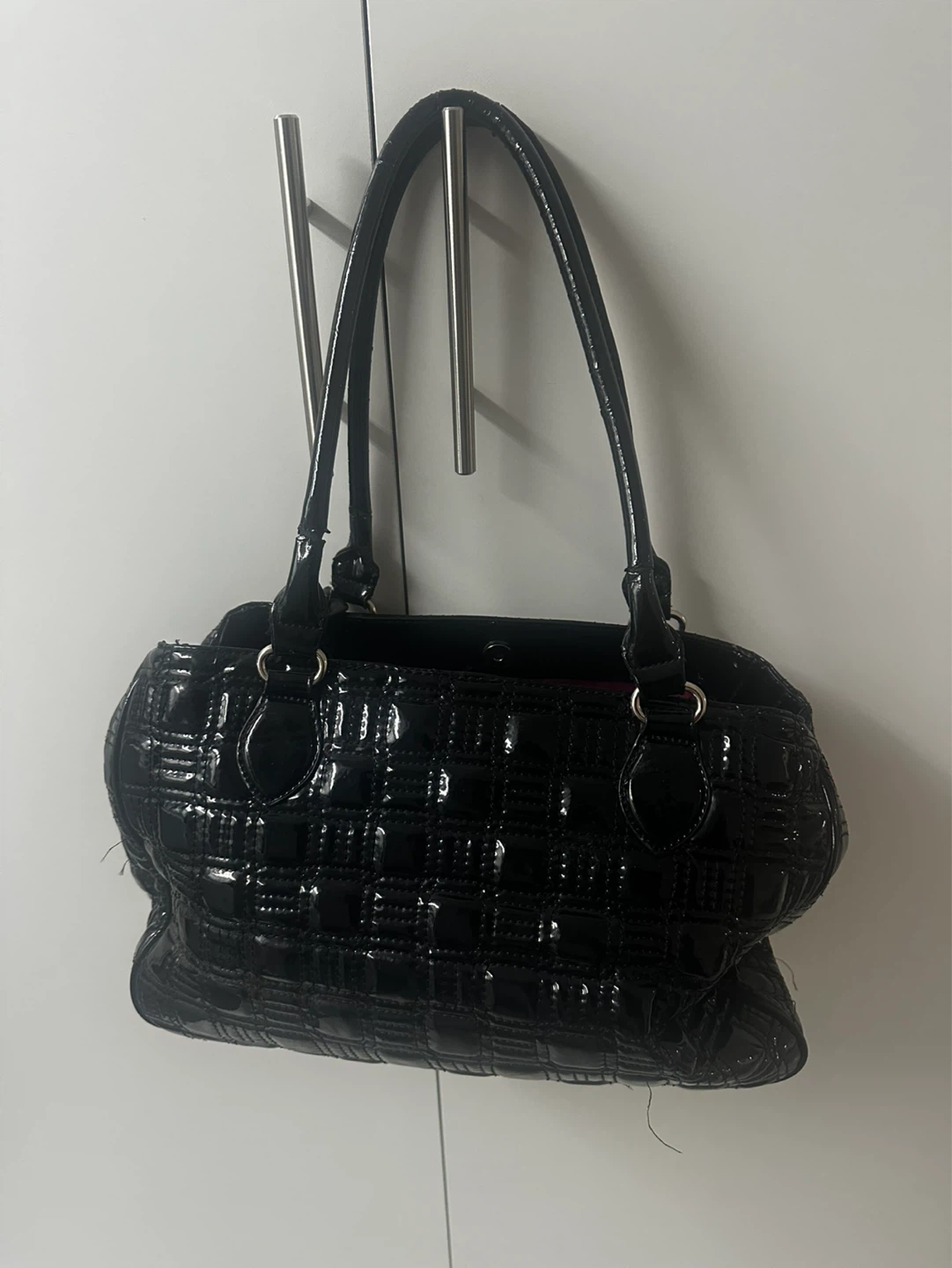 y2k nine west Black Patent Quilted Tote Handbag