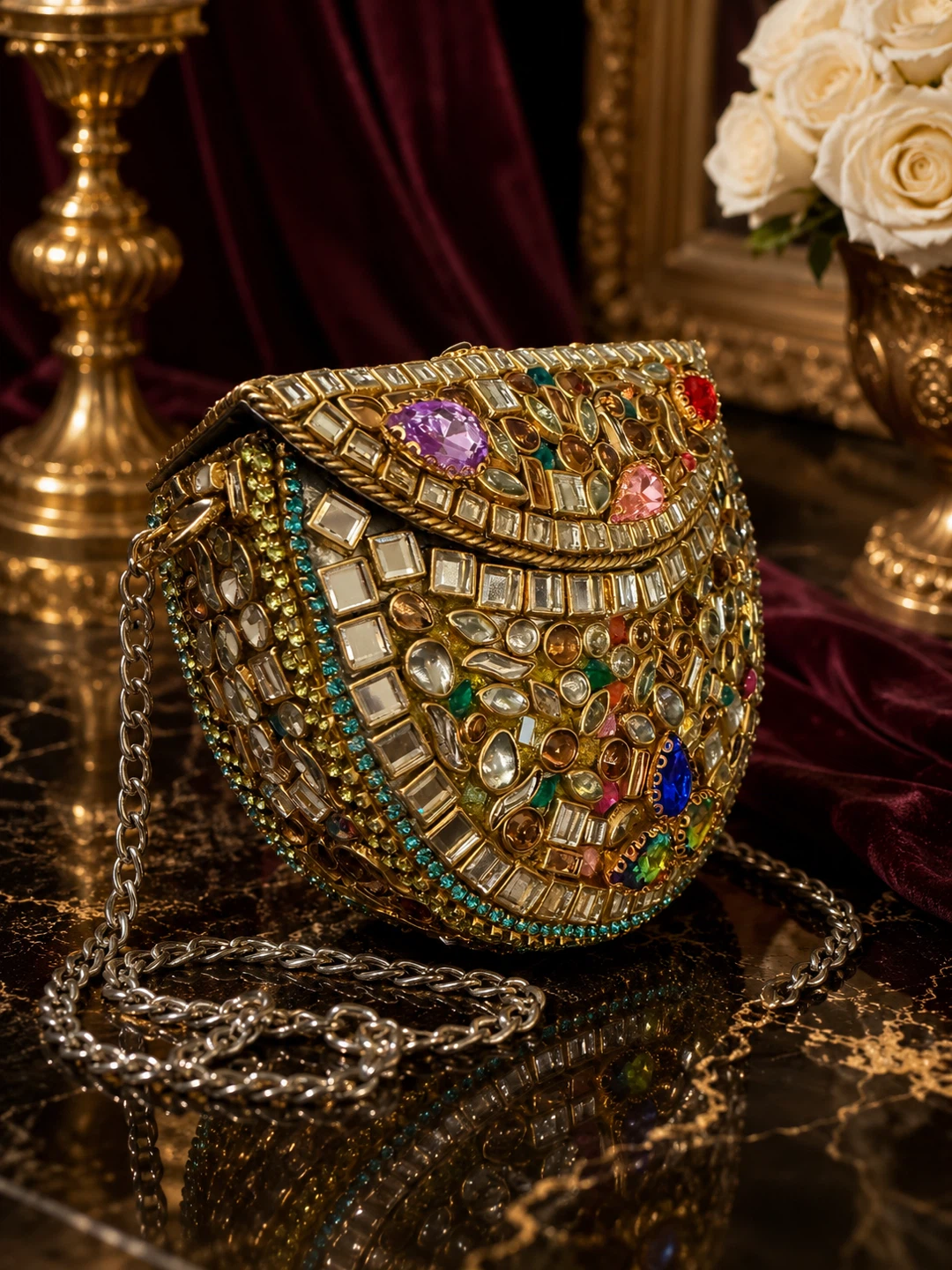 Embellished Kundan Clutch with Chain - photo 4