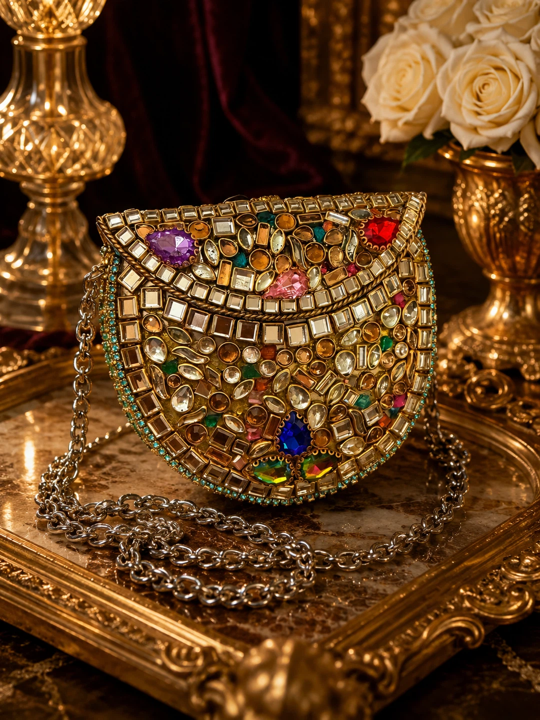 Embellished Kundan Clutch with Chain