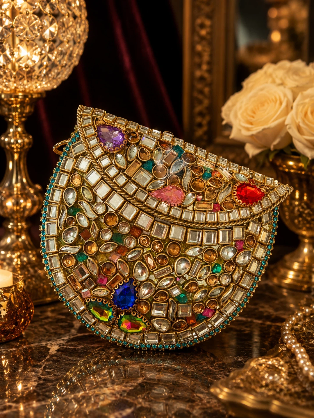 Embellished Kundan Clutch with Chain - photo 5