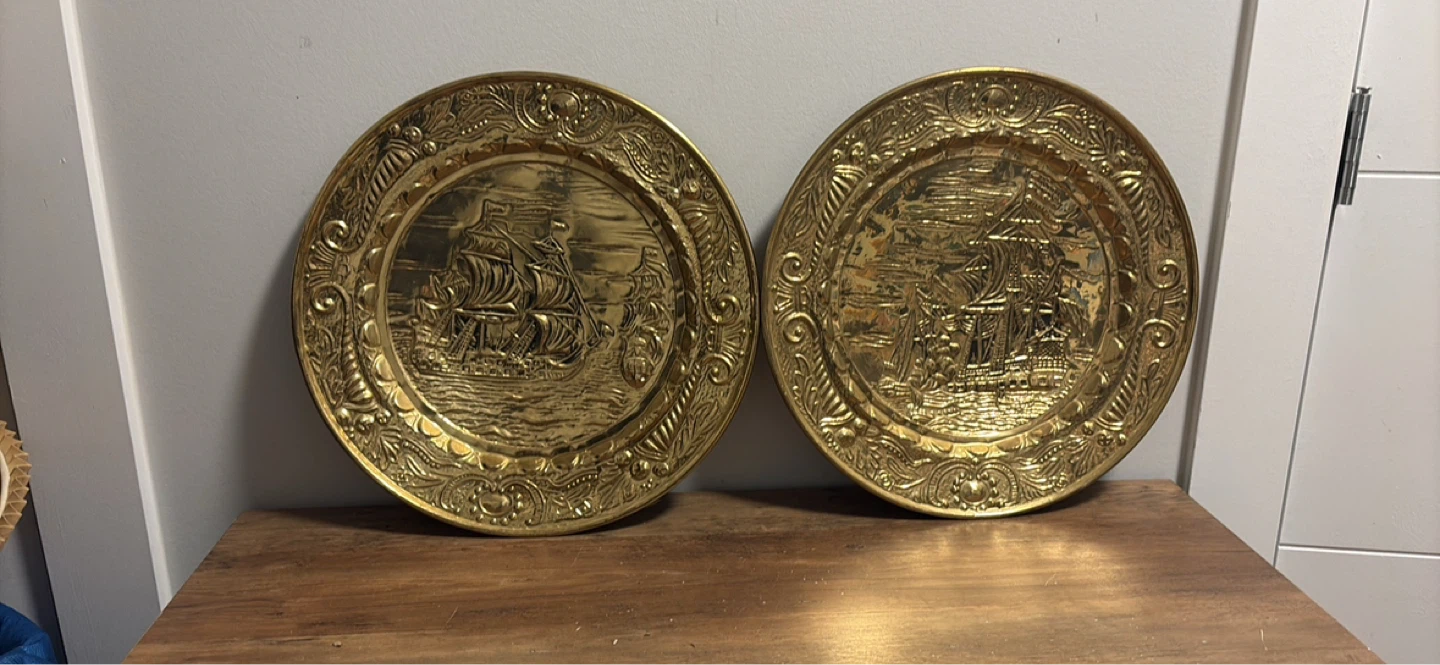Vintage Embossed Brass Ship Plates (Set of 2)