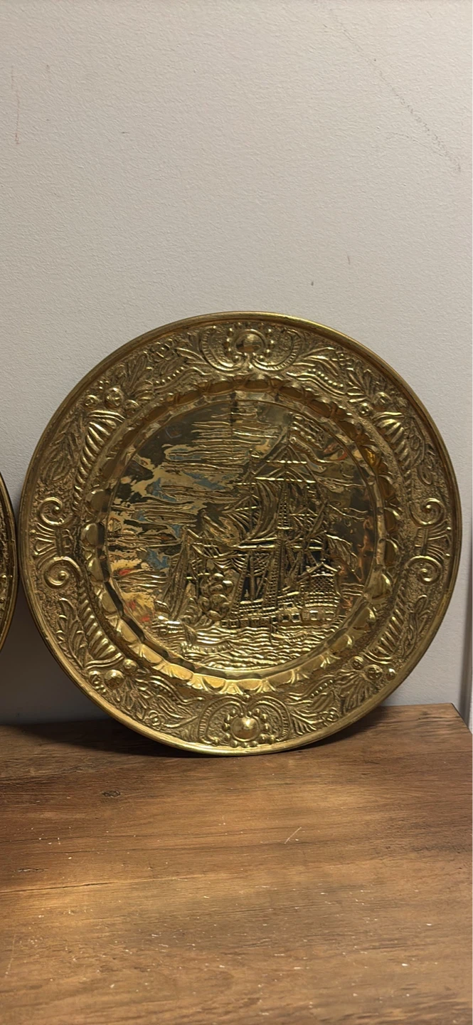 Vintage Embossed Brass Ship Plates (Set of 2) - photo 3