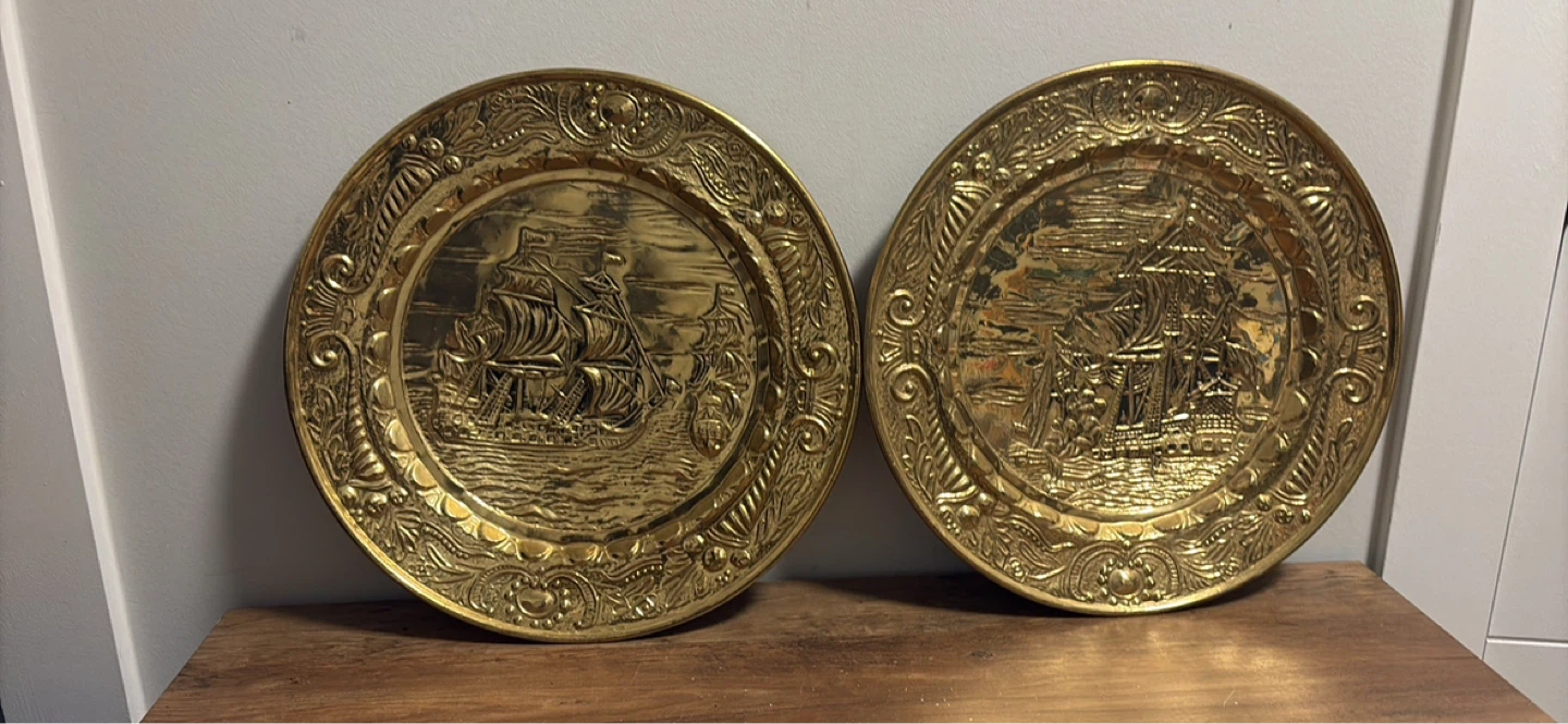 Vintage Embossed Brass Ship Plates (Set of 2) - photo 4