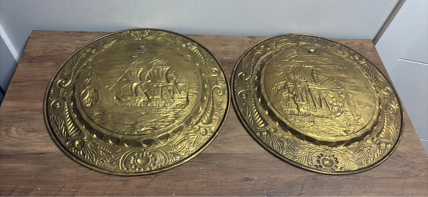 Vintage Embossed Brass Ship Plates (Set of 2) - photo 5