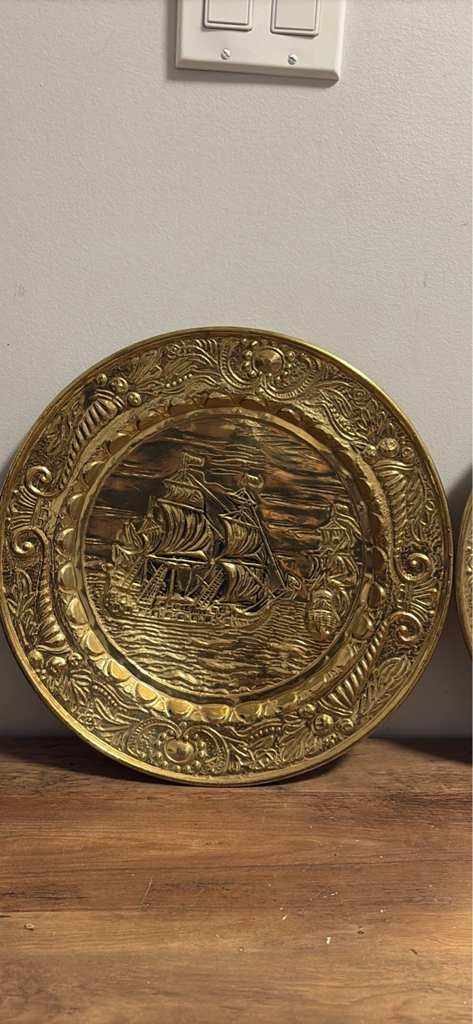 Vintage Embossed Brass Ship Plates (Set of 2) - photo 2