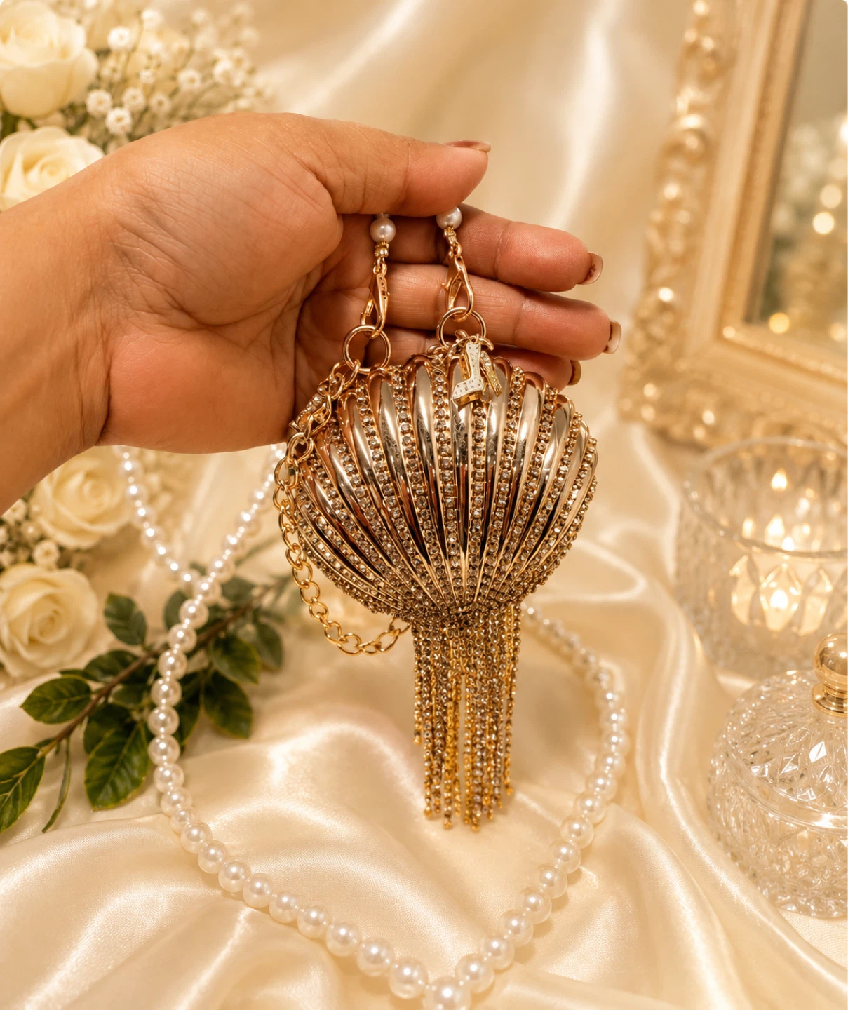 Gold Seashell Clutch with Rhinestone Tassel - photo 3