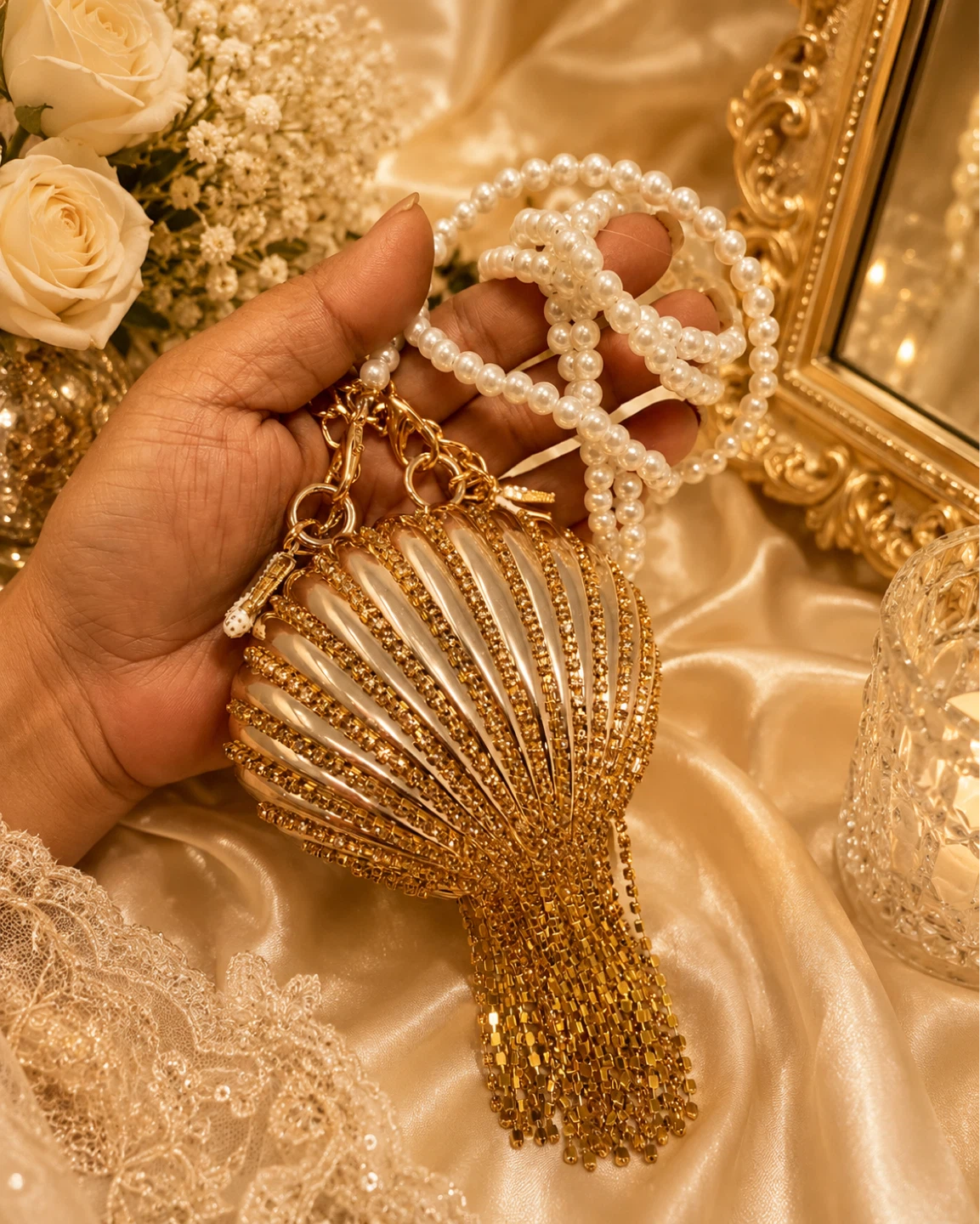 Gold Seashell Clutch with Rhinestone Tassel