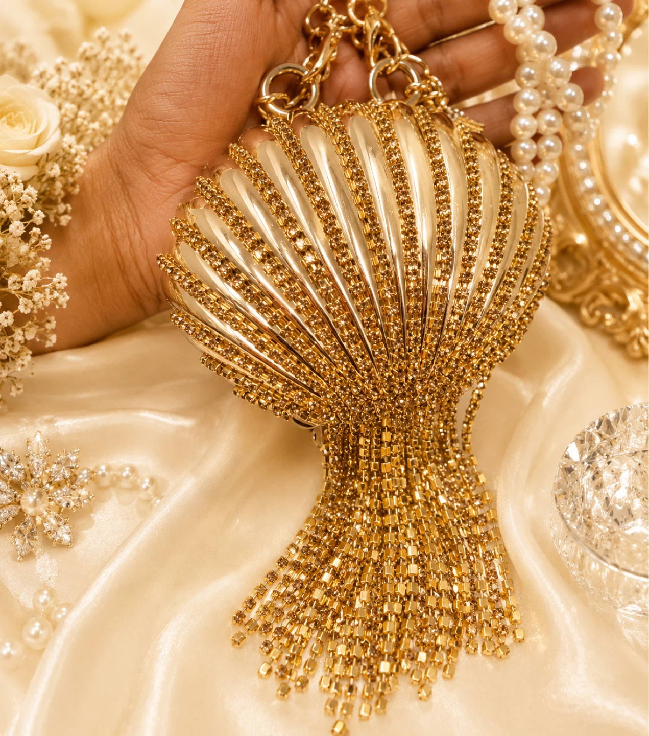 Gold Seashell Clutch with Rhinestone Tassel - photo 4