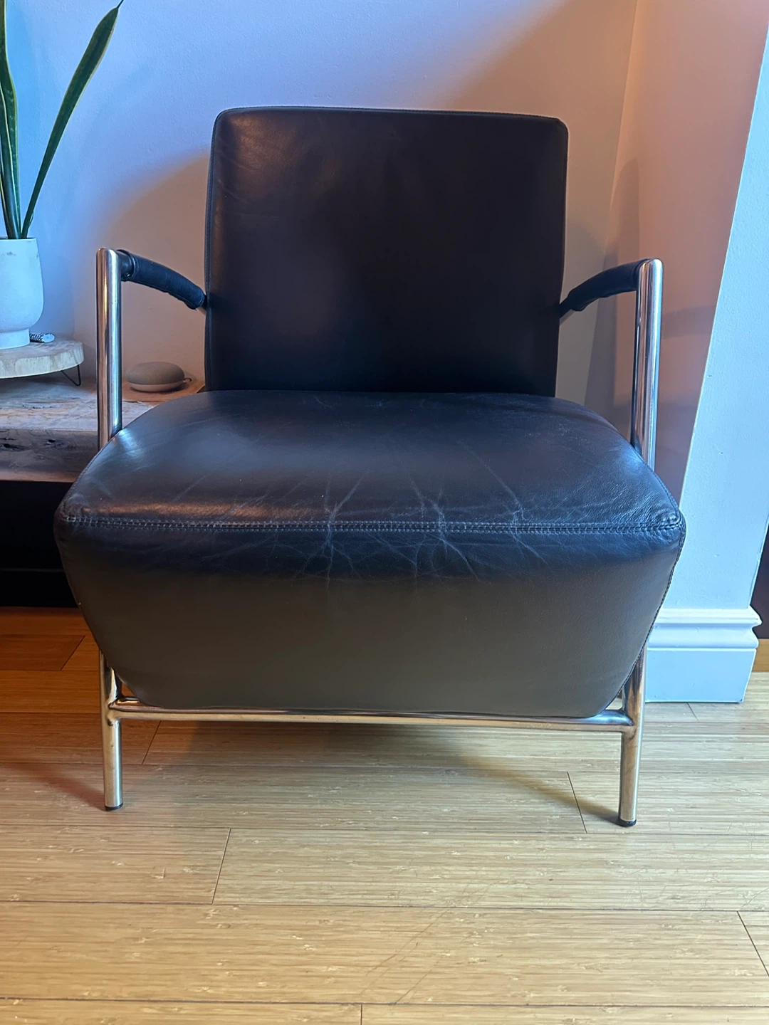 POST MODERN VINTAGE CHROME TUBULAR BLACK LEATHER LOUNGE CHAIR - photo 4