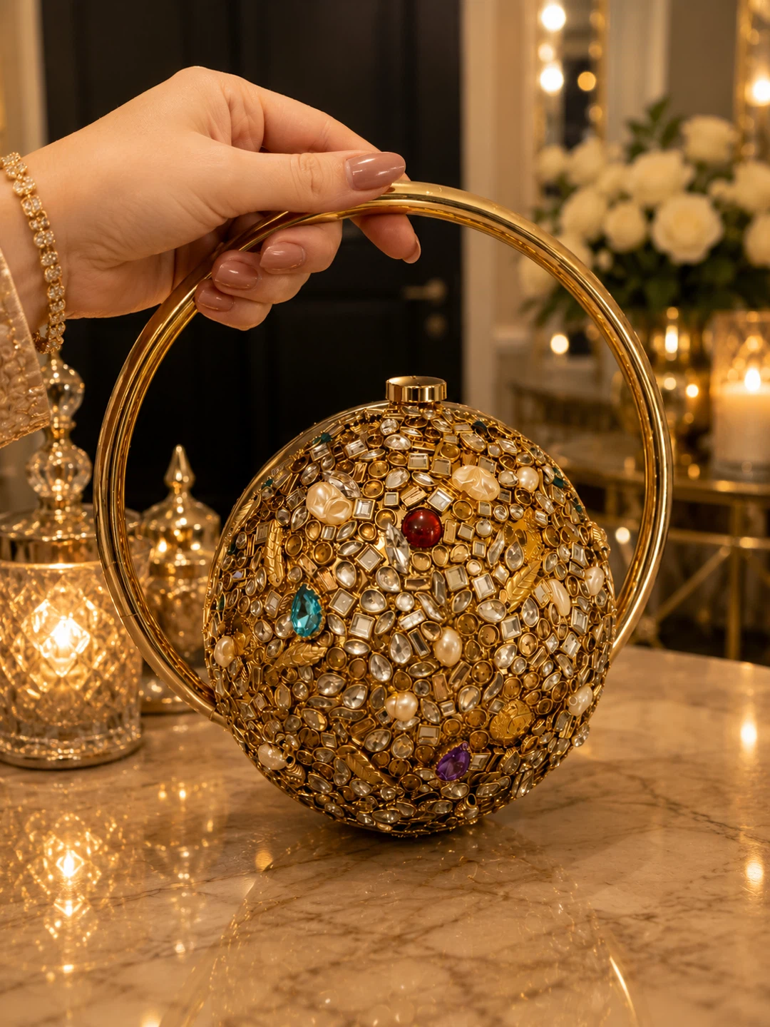 Beaded Sphere Clutch with Gold Handle