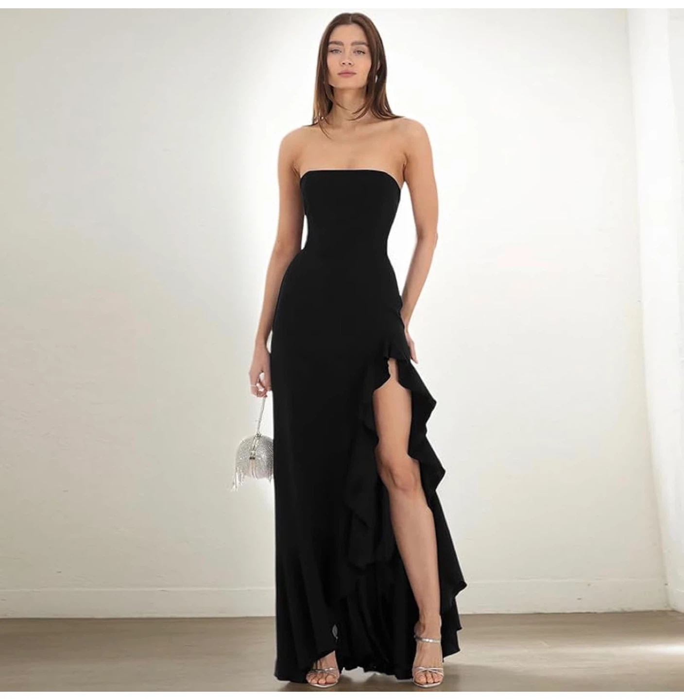 Black Strapless High Slit Ruffle Maxi Dress size S - photo 2