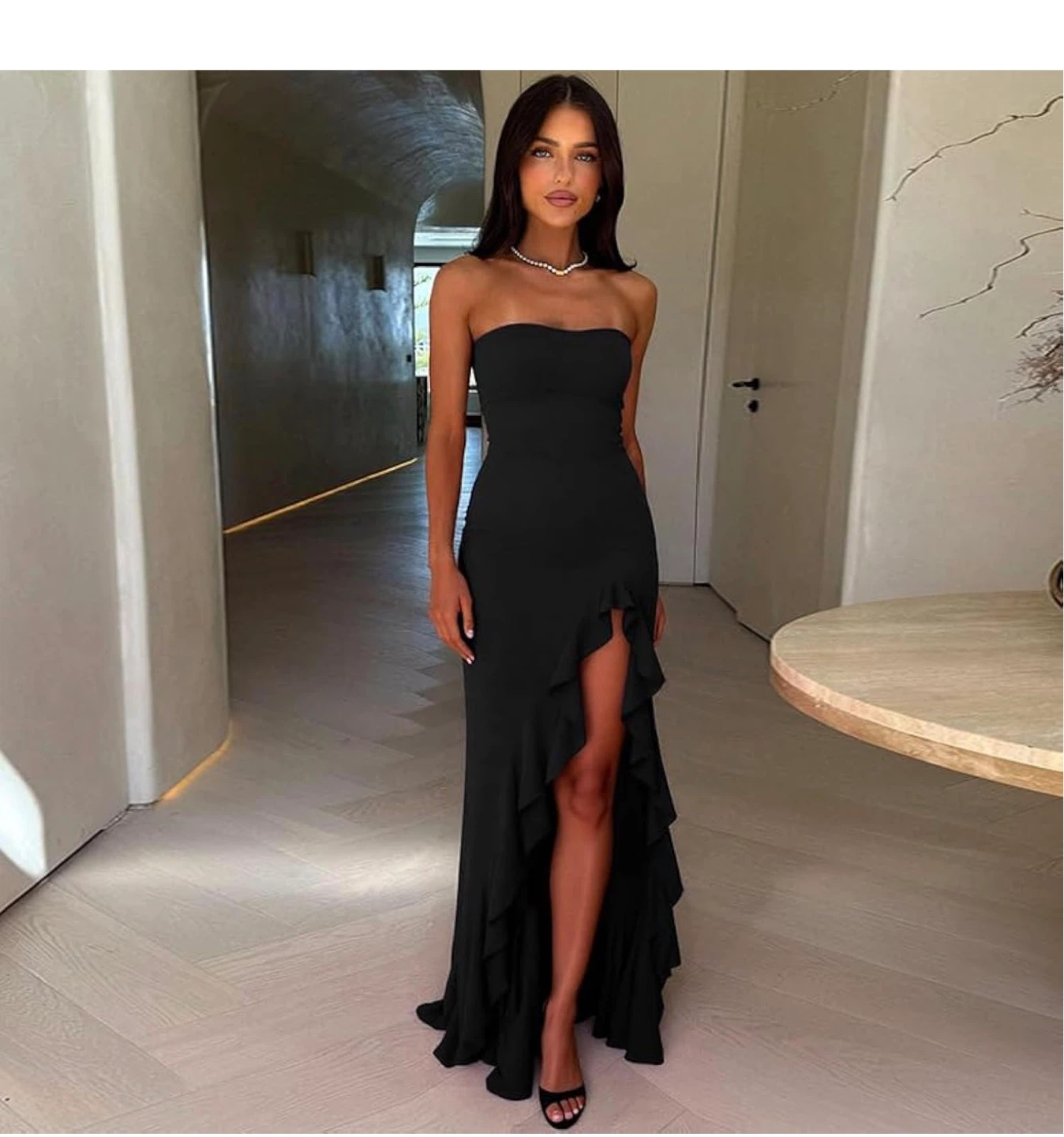 Black Strapless High Slit Ruffle Maxi Dress size S
