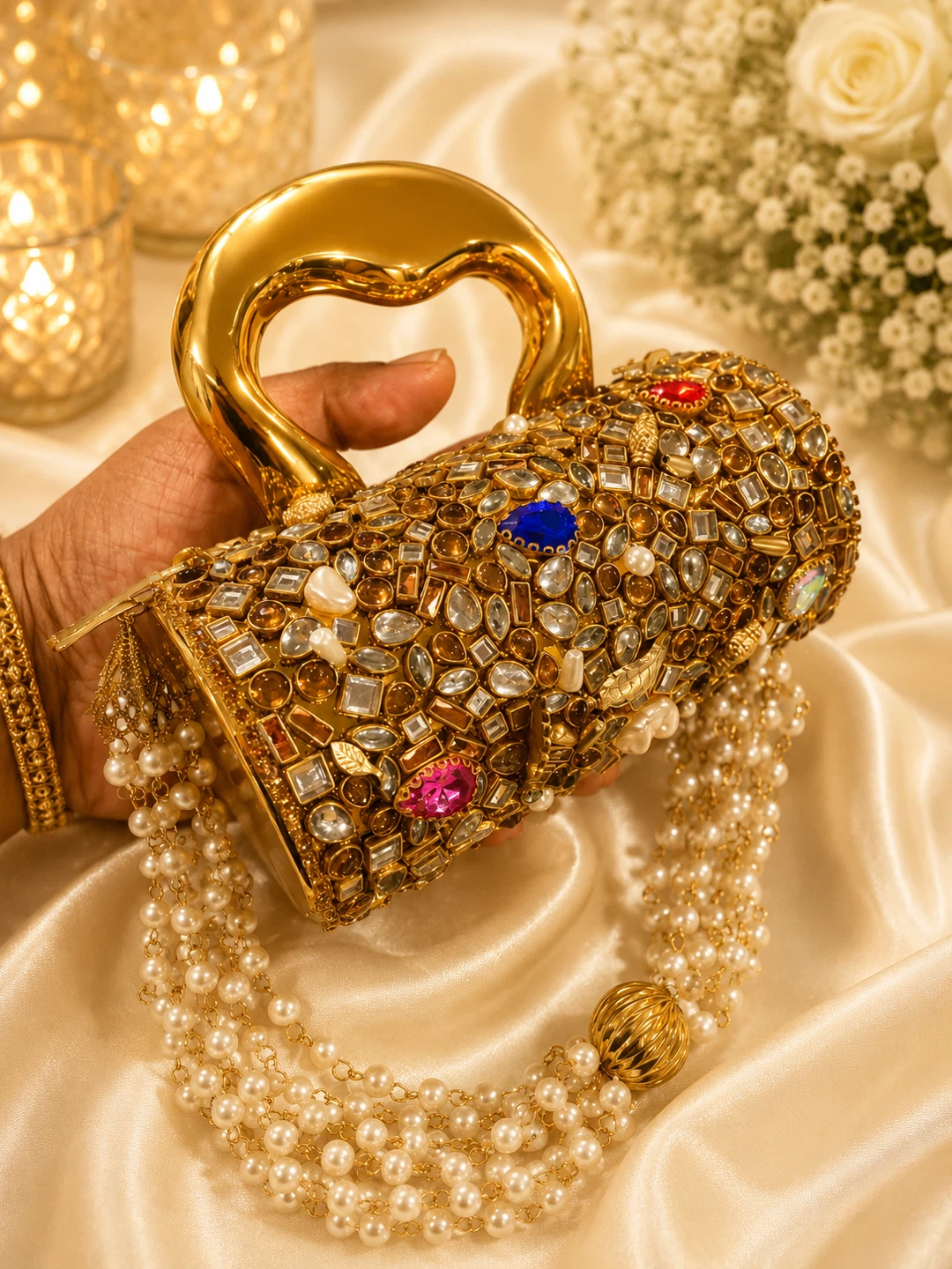 Embellished Clutch Bag with Pearl Straps - photo 2