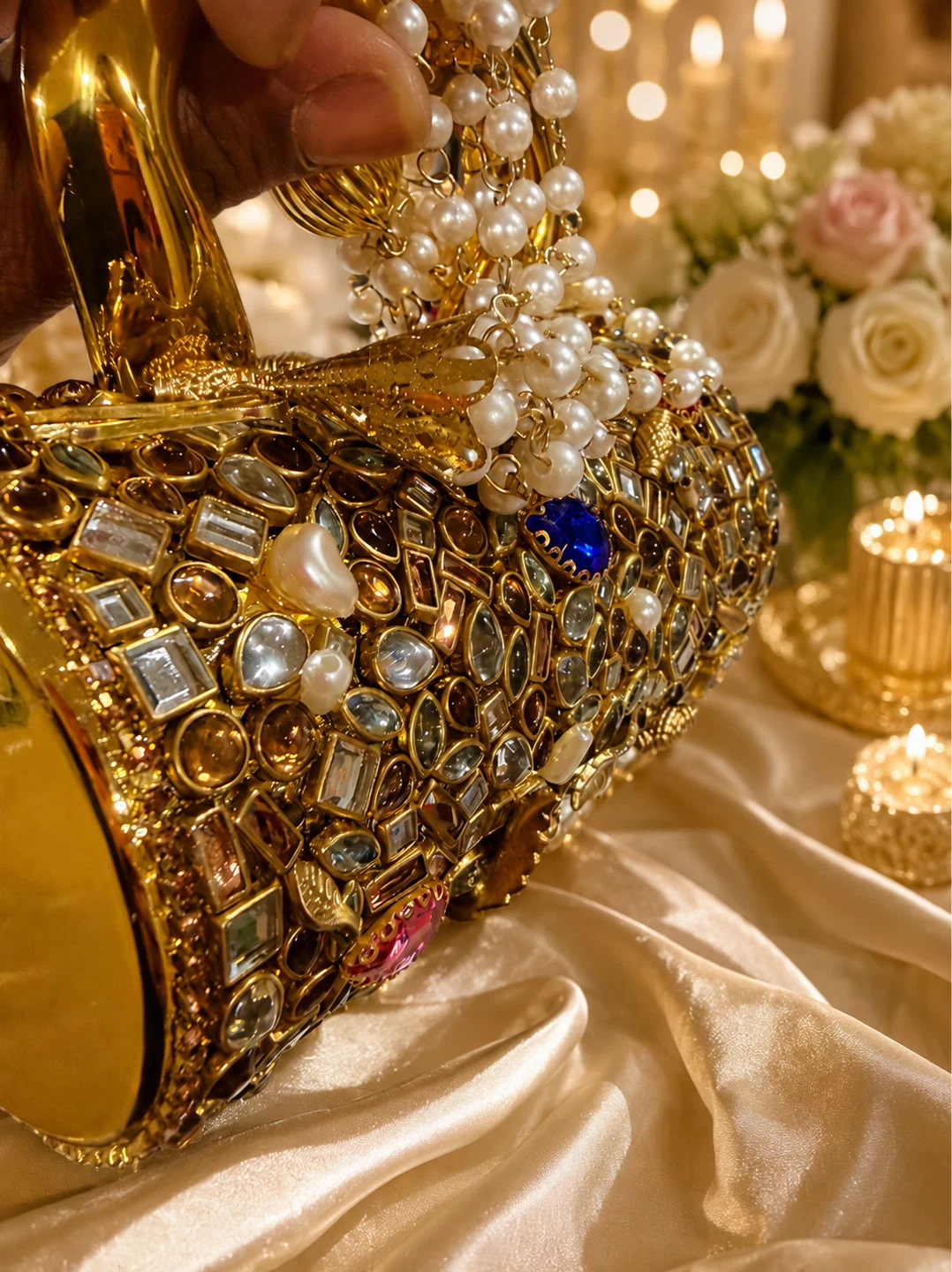 Embellished Clutch Bag with Pearl Straps - photo 4
