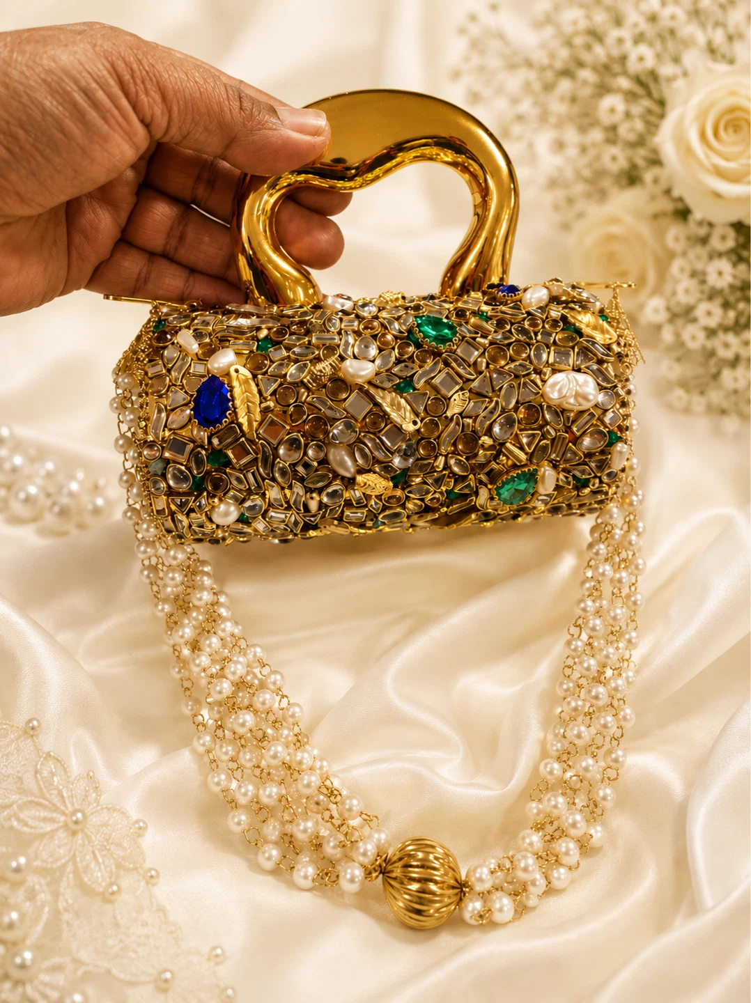 Embellished Clutch Bag with Pearl Straps