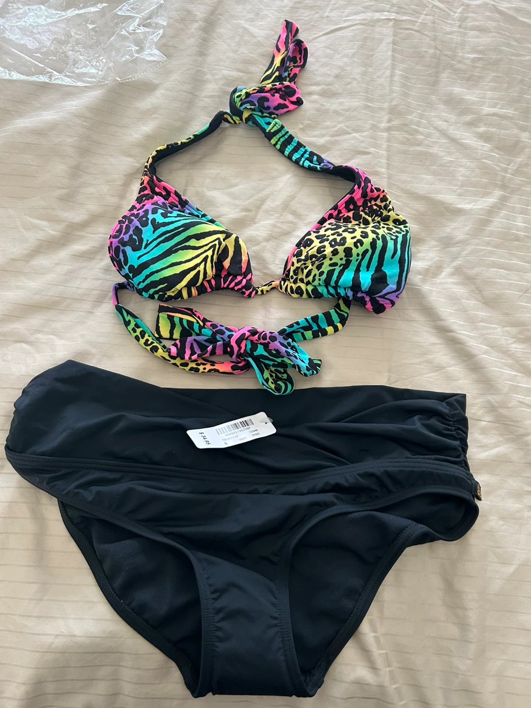 Bikini Set - Rainbow Animal Print Top & Black Bottoms