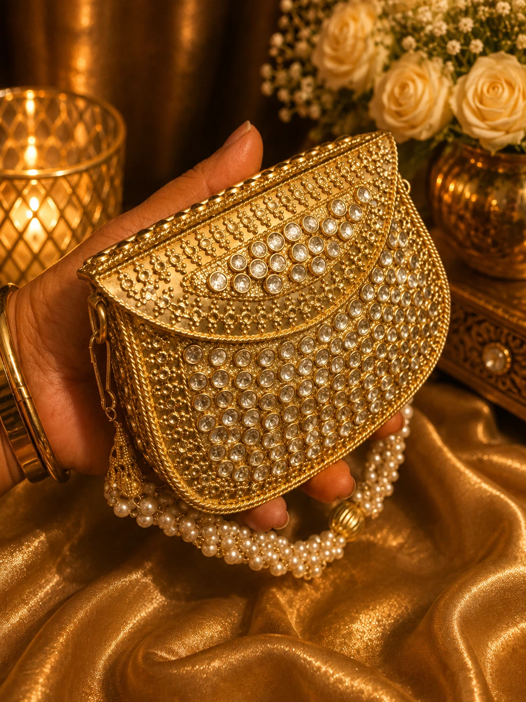 Embellished Clutch with Pearl Strap