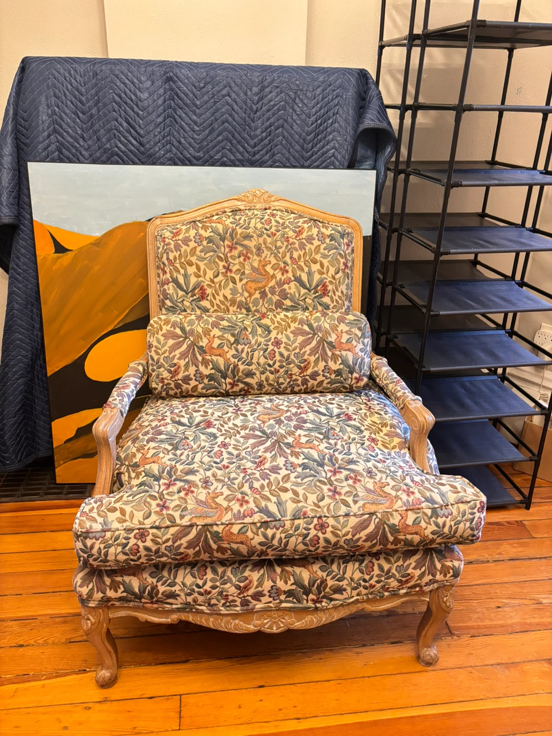 Vintage Floral Armchair with Decorative Wood Frame