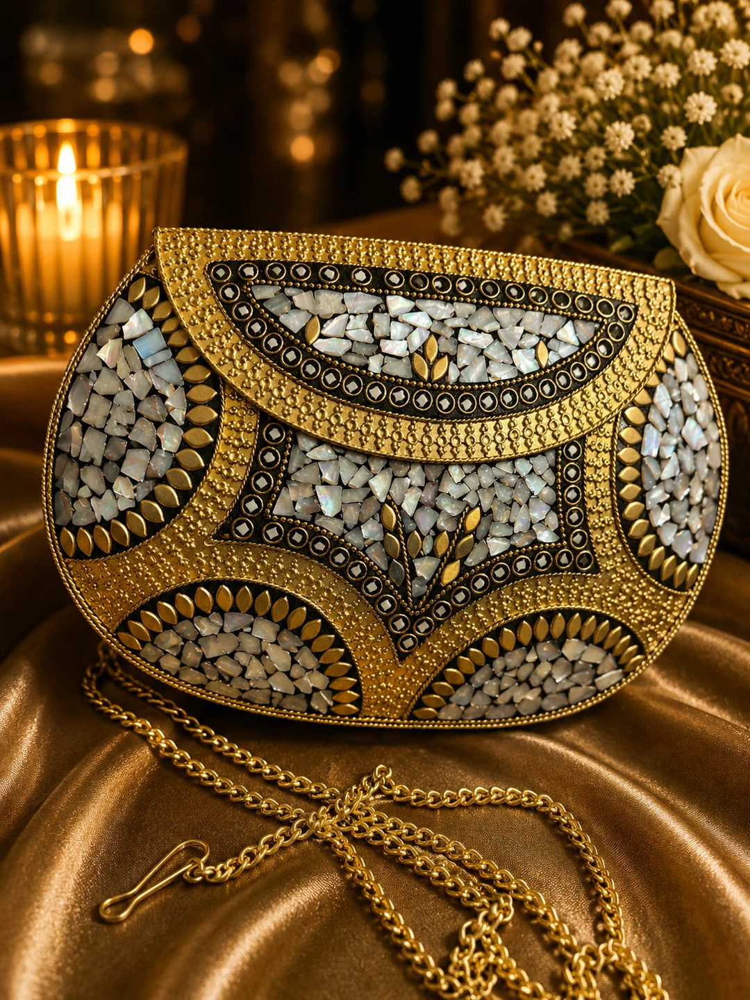Ornate Gold and Mother-of-Pearl Clutch Bag